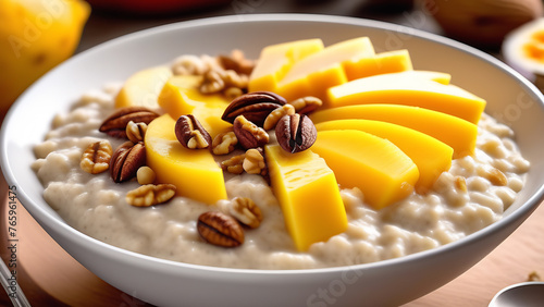 A bowl of warm oatmeal sprinkled with flax seeds, topped with vibrant mango chunks, crunchy walnuts, and a swirl of creamy coconut milk offers a nourishing beginning