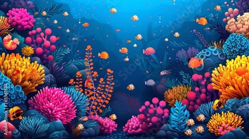 Colorful underwater coral landscape. Vibrant coral reef in ocean waters. Artwork. Concept of marine life, underwater biodiversity, tropical ecosystem, natural aquarium. Digital illustration. Artwork