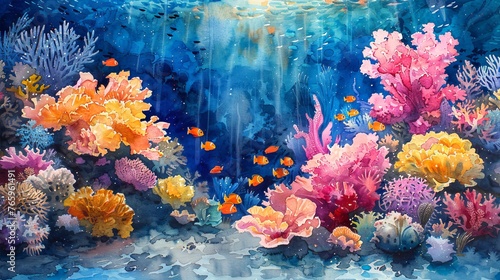 Watercolor illustration of vivid coral reef in ocean waters. Colorful corals. Concept of marine life  underwater biodiversity  tropical ecosystem  and natural aquarium. Aquarelle artwork