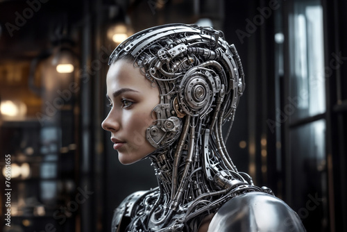 A cyborg woman with a metal head and neck, looking to the side. © vachom