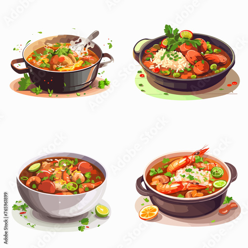 Gumbo soup icon vector Bowl of soup with shrimp food