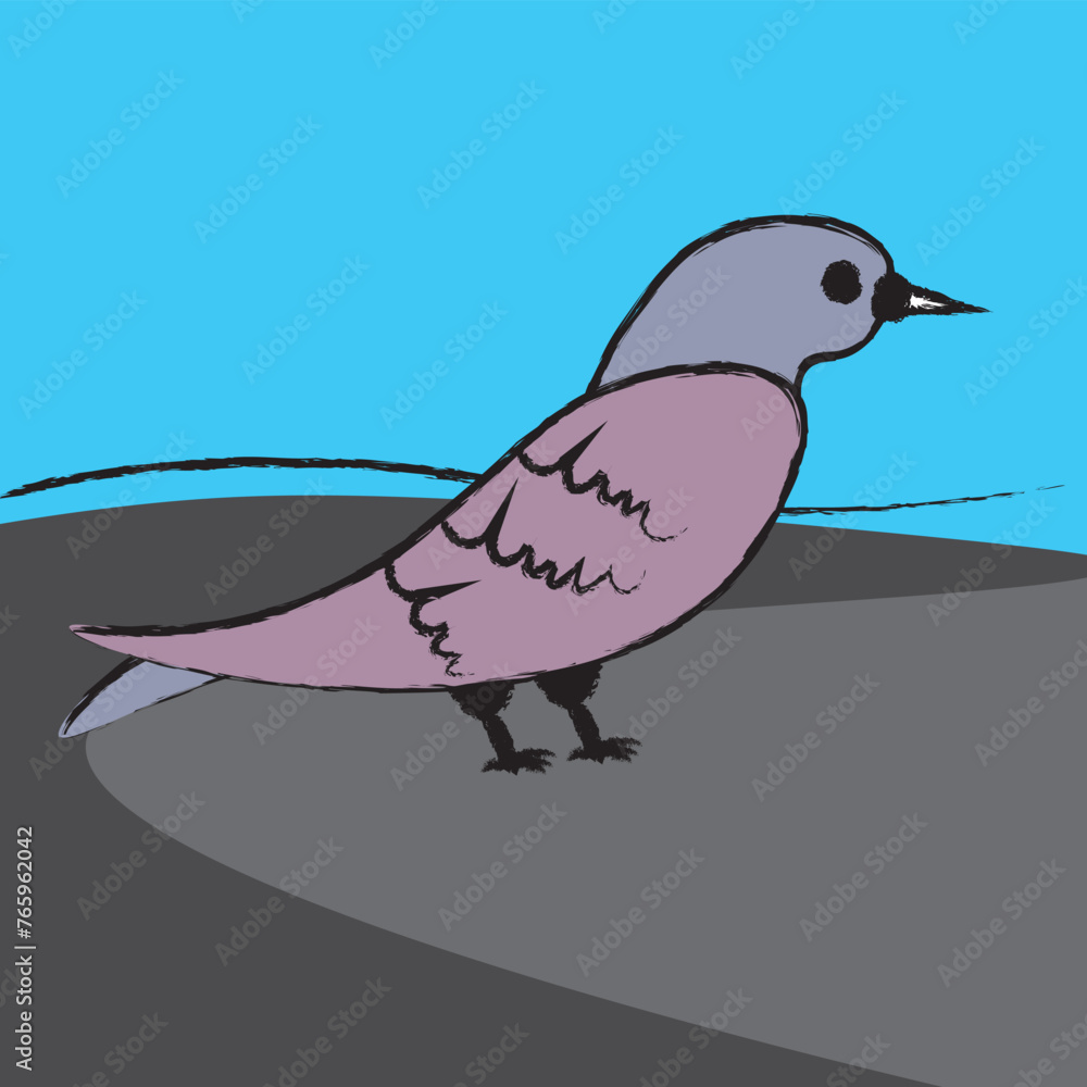 Abstract illustration of a pigeon walking on the ground. Bird in gray, city bird, pigeon. A bird with a rough decorative stroke. Abstract illustration of a pigeon walking on the ground. Bird in gray, city bird, pigeon. A bird with a rough decorative stroke.