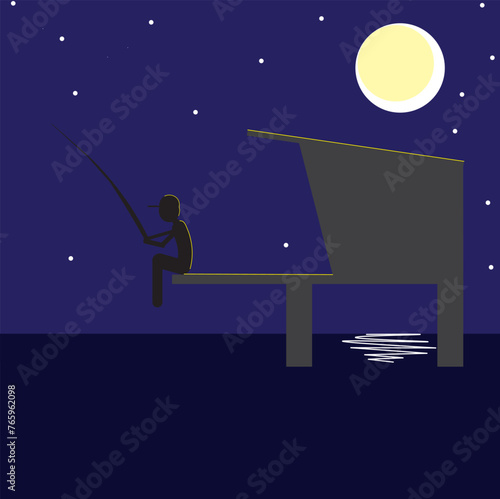Vector illustration of a silhouette of a fisherman sitting on a wooden pier under the moonlight.