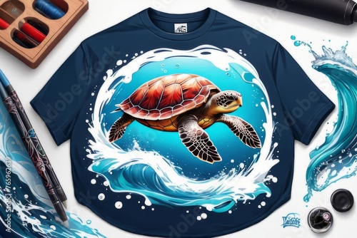 Turtle swimming in water on red t-shirt. For fashion, clothing design, animal themed clothing advertising, simply as illustration for interesting clothing style, Tshirt print, tourism, stationery. photo