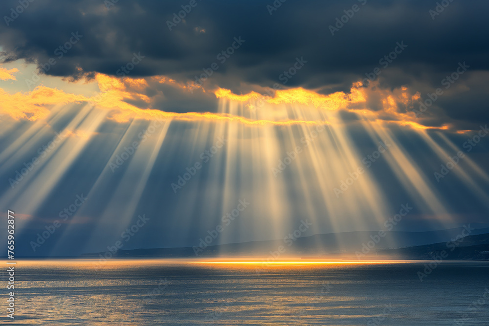 Majestic Sunrays Break Through Moody Cloudscape Over Calm Waters Majestic Sunrays Break Through Moody Cloudscape Over Calm Waters