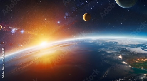 Panoramic view of the Earth, sun, star and galaxy.