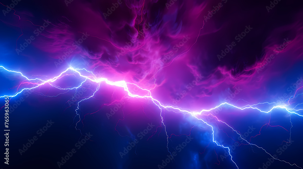 Neon colored lines of lightning passing through the clouds Neon colored lines of lightning passing through the clouds