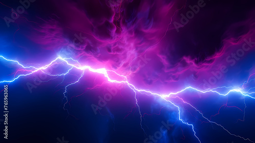 Neon colored lines of lightning passing through the clouds