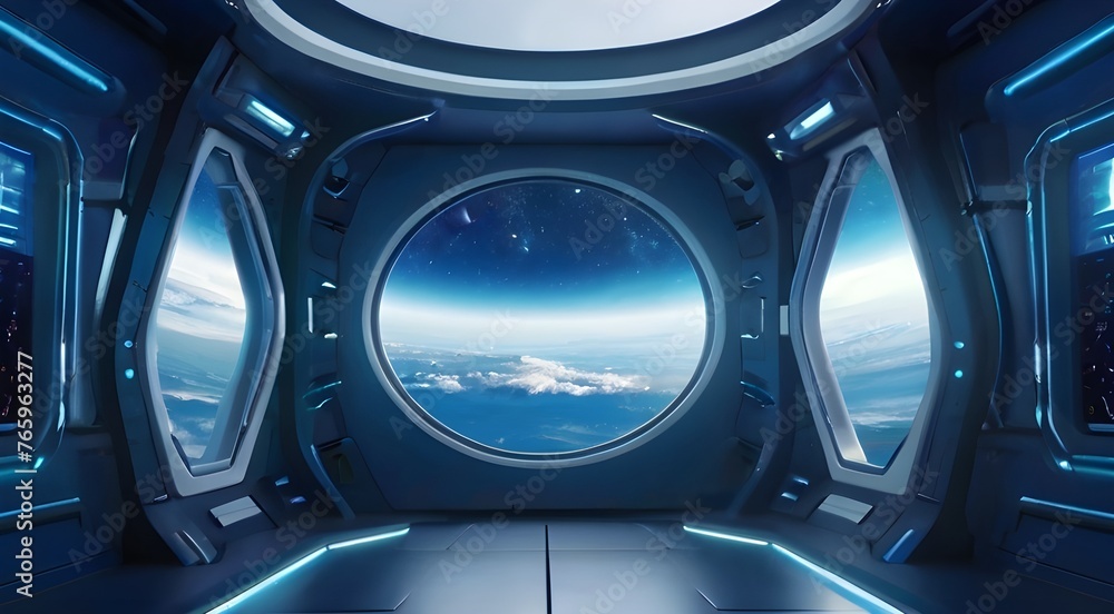 interior of Dark blue spaceship futuristic  with window view on planet