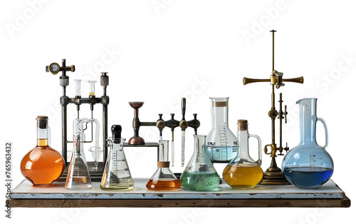 Laboratory Chemistry Beakers and Bunsen Burners Isolated on Transparent Background PNG.