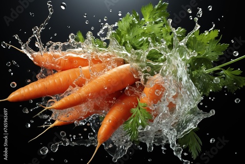 Bunch of fresh carrots with drops of water on a black background