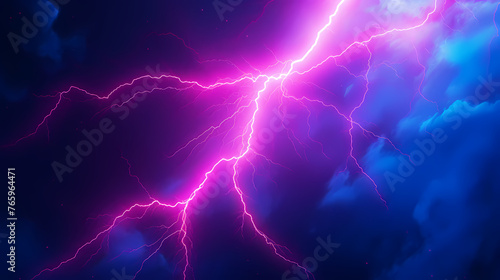 Neon colored lines of lightning passing through the clouds