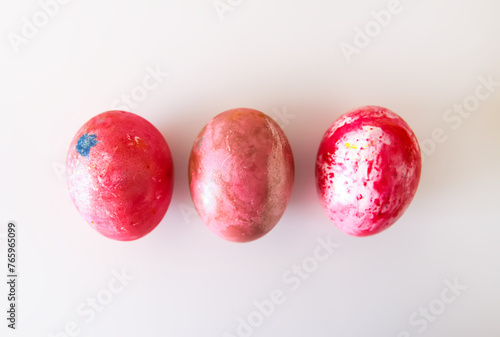 Colorful Easter eggs. Traditional Easter food and decoration.