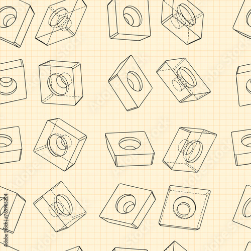 Mechanical engineering drawings on blue background. Cutter, assembly tool with replaceable multi-faceted plate. Technical Design. Cover. Blueprint. Vector illustration.