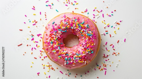 Pink Donut with Sprinkles on White Background
