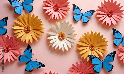 Beautiful Morpho helenor butterflies made of cut paper, cardboard daisies, pink, blue and yellow. photo