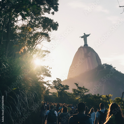 Sunset View of Christ the Redeemer in Rio de Janeiro with Tourists
