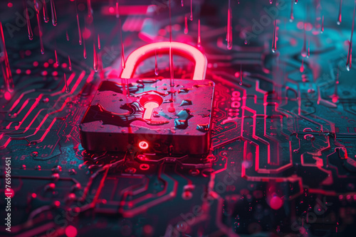 A neon red padlock showcasing cyber security concepts, dripping rain on a digital surface