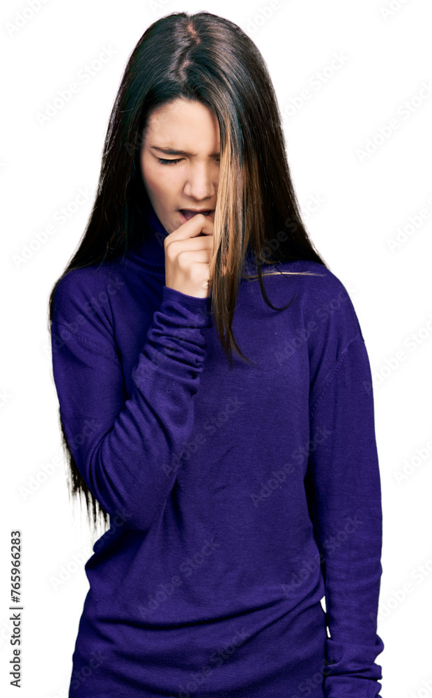 Young brunette girl with long hair wearing turtleneck sweater feeling unwell and coughing as symptom for cold or bronchitis. health care concept. Young brunette girl with long hair wearing turtleneck sweater feeling unwell and coughing as symptom for cold or bronchitis. health care concept.