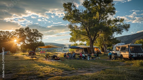 A family gathered for a barbecue dinner at their campsite as the sun set. © Suleyman