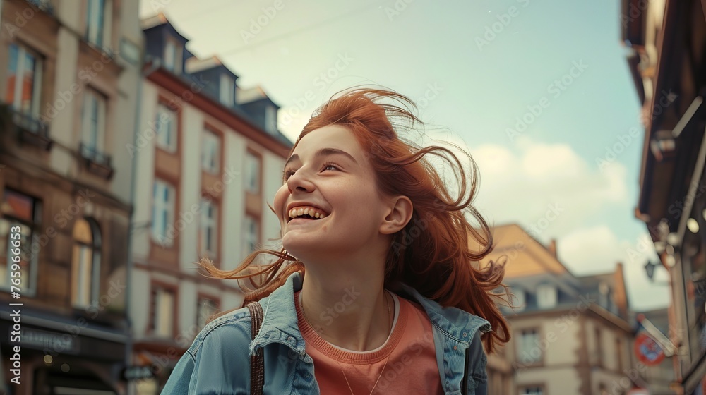 A joyful traveler, with her vibrant reddish hair, is joyfully running through the vibrant streets of Luxembourg, taken with a 35mm film camera's distinct grainy effect. - obrazy, fototapety, plakaty 