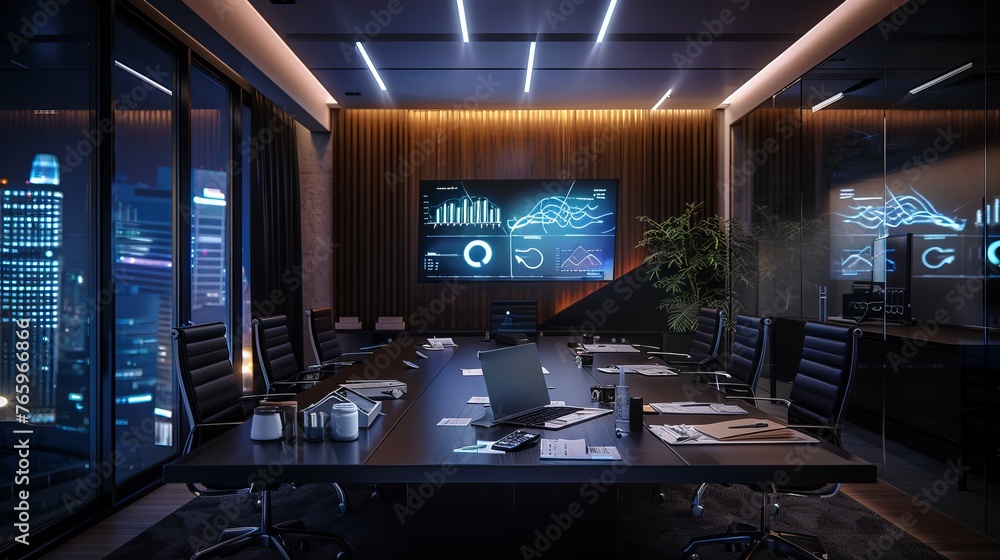 A modern meeting room lit at night, with a large conference table holding papers and a laptop. On the wall, a TV displays the company's progress through charts and graphs. A modern meeting room lit at night, with a large conference table holding papers and a laptop. On the wall, a TV displays the company's progress through charts and graphs.