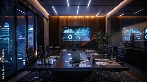 A modern meeting room lit at night, with a large conference table holding papers and a laptop. On the wall, a TV displays the company's progress through charts and graphs.