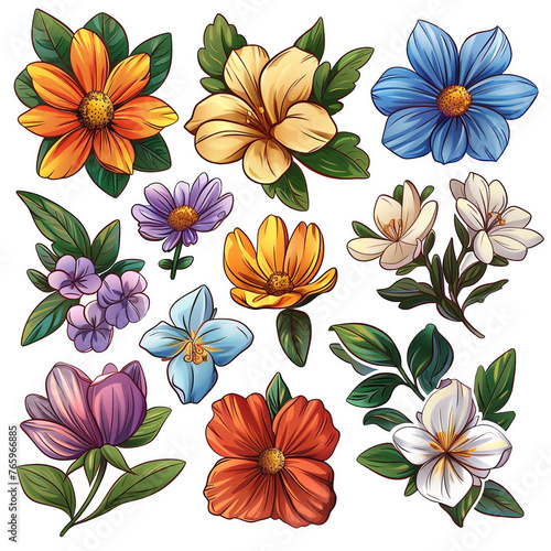 Set of stickers with flowers and branches. Watercolor illustration.