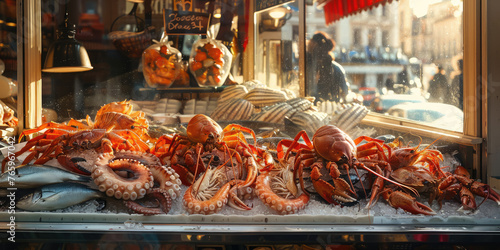 showcase with seafood, fish, octopus, crabs, squid, langoustines, beautiful studio light, food, restaurant, shop, ice, fresh, tasty, dish, meal, market