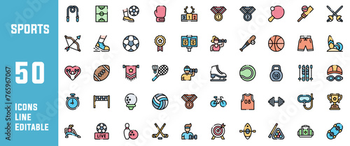 50 Sport Icons Set Pack Line Editable Vector Illustration