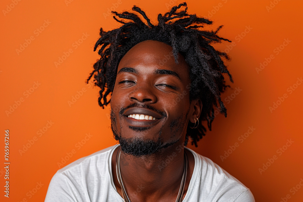 On a vibrant orange background, a man's face lights up with pride, his chest puffed out and a confident smile on his lips as he celebrates an accomplishment. On a vibrant orange background, a man's face lights up with pride, his chest puffed out and a confident smile on his lips as he celebrates an accomplishment.