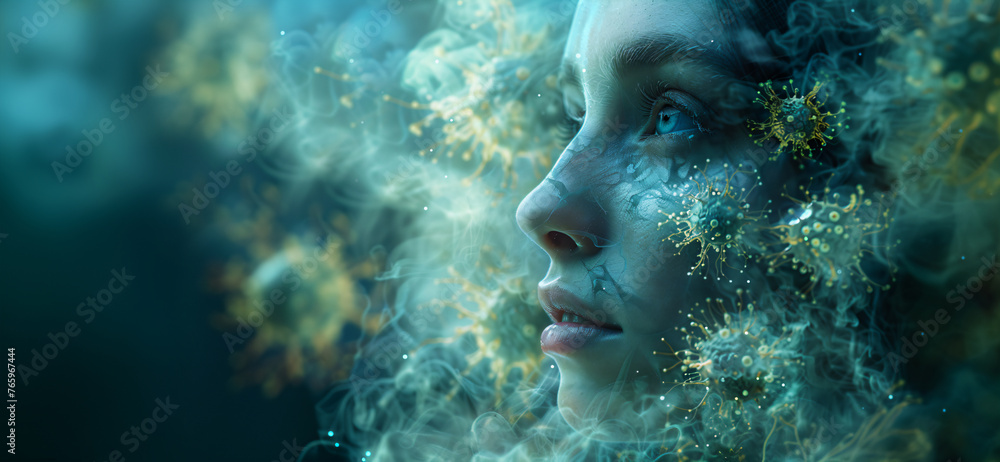 close up of a person's face surrounded by virus microorganisms close up of a person's face surrounded by virus microorganisms