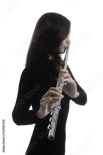 Flute player. Flutist playing flute music instrument isolated