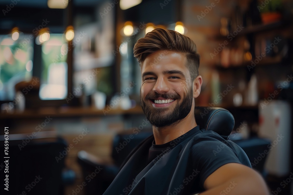 Fototapeta premium Great time at barbershop. Handsome bearded man getting haircut at barbershop