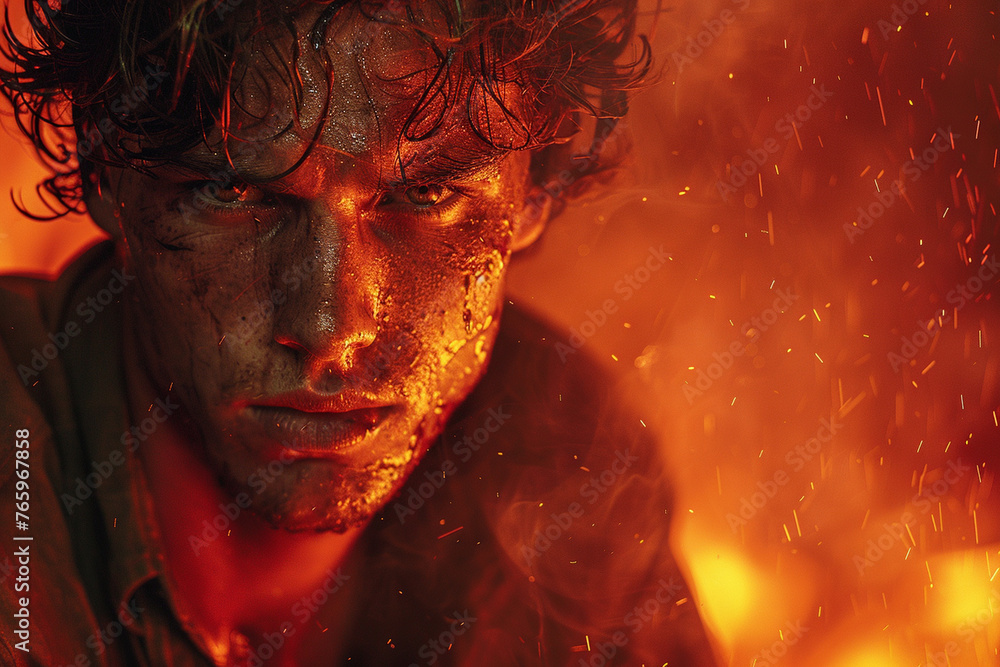Against a fiery red backdrop, a man's expression reveals a sense of defiance, his jaw set and eyes fiery as he stands firm in his convictions and beliefs. Against a fiery red backdrop, a man's expression reveals a sense of defiance, his jaw set and eyes fiery as he stands firm in his convictions and beliefs.
