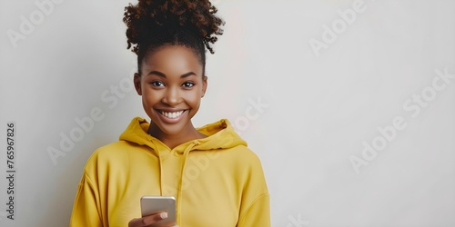 Cheerful black woman using smartphone for online shopping isolated on white background. Concept Online Shopping, Black Woman, Smartphone, Technology, White Background