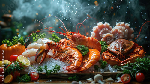 showcase with seafood, fish, octopus, crabs, squid, langoustines, beautiful studio light, food, restaurant, shop, ice, fresh, tasty, dish, meal, market