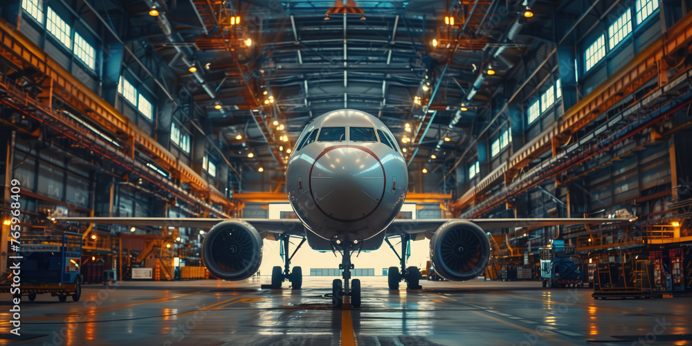 A commercial airliner stands in the center of an airplane hangar - obrazy, fototapety, plakaty 