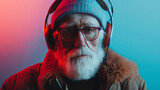 Hipster cool bearded grandpa with headphones and glasses on soft color colorful background.