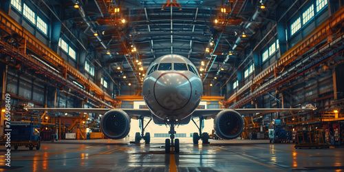 A commercial airliner stands in the center of an airplane hangar