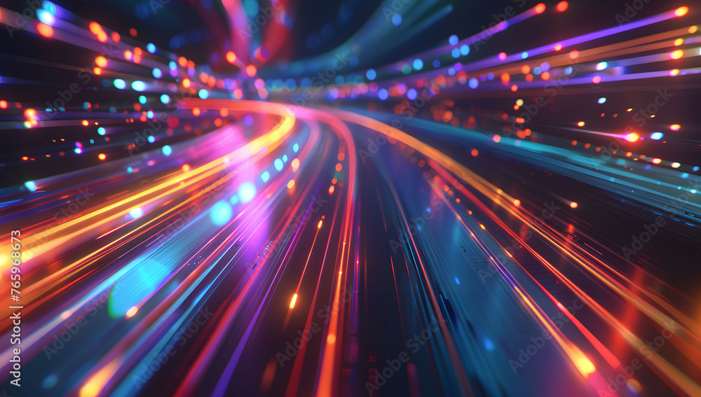 Abstract neon light background with vibrant pink, yellow, and blue neon lines, creating an intense and dynamic atmosphere reminiscent of particle acceleration. High-speed movement and hyperspace. Abstract neon light background with vibrant pink, yellow, and blue neon lines, creating an intense and dynamic atmosphere reminiscent of particle acceleration. High-speed movement and hyperspace.