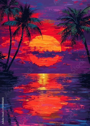 Landscape illustration of a vibrant red, orange and purple colorful sunset on the beach with palm trees. 