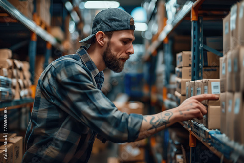 A warehouse employee in a plaid shirt and cap carefully checks inventory full of cardboard boxes.