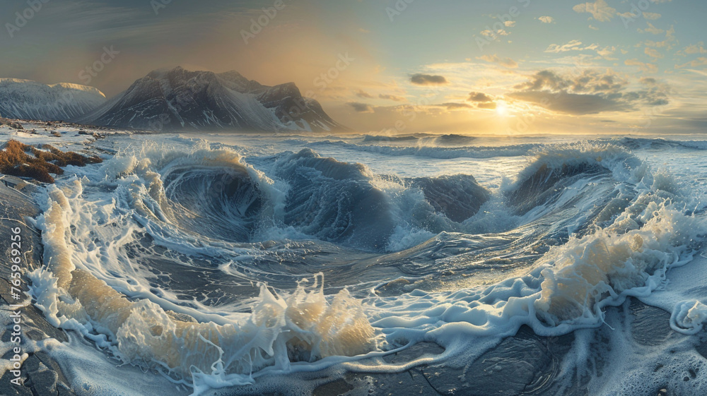 Waves of water of the river and the sea meet each other during high tide and low tide.  - obrazy, fototapety, plakaty 