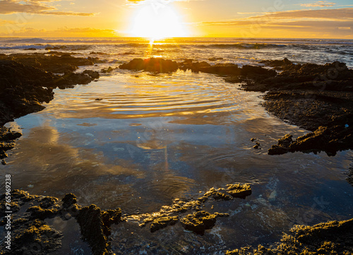 Sunset Reflections on Tide Pools on Giada's Beach, Hawaii Island, Hawaii, USA photo