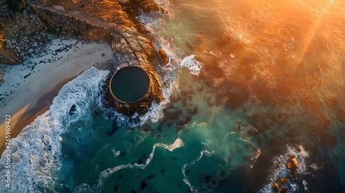 A stunning aerial photo of Maiden's Cove Tidal Pool at sunset, with Camps Bay in the background, Cape Town, South Africa. photo