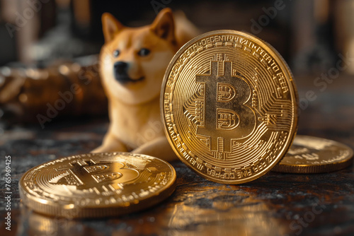 Dogecoin Meme Dog Looking at Big Bitcoin Golden Coin. DOGE vs BTC Cryptocurrency