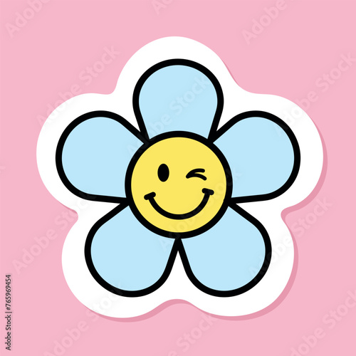groovy flower with winking eye sticker, cartoon funny smiling face, blue daisy with black outline, groovy aesthetic vector design element