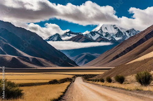 Landscape photo of wild nature mountains of Bolivia with countryside road, sunny summer day. Scenic view of bolivian natural wilderness. Global ecology concept. Copy ad text space, nature backgrounds