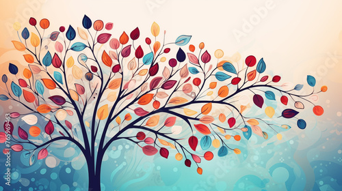 Colorful tree of life with colorful leaves on hanging branches illustration background. Abstraction wallpaper.